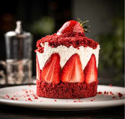 Red velvet cake in a plate, cylinder shape with strawberries cut in a half