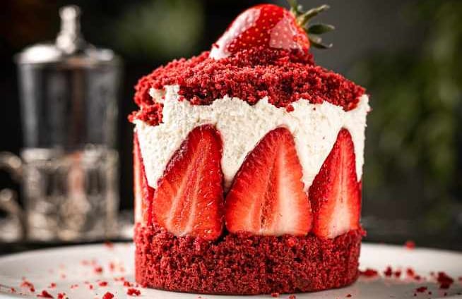 Red velvet cake in a plate, cylinder shape with strawberries cut in a half